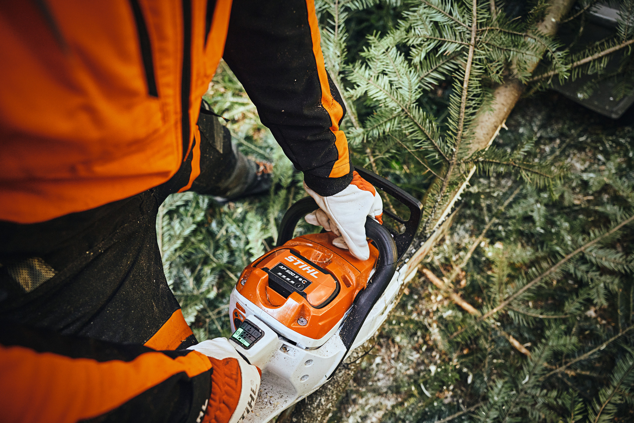 Person in Schutzkleidung, die mit einer STIHL Akku-Kettensäge MSA 300 einen Baumstamm sägt. In der rechten unteren Ecke befindet sich eine Grafik, die auf einen kostenlosen Akku (AP 500 S) hinweist.